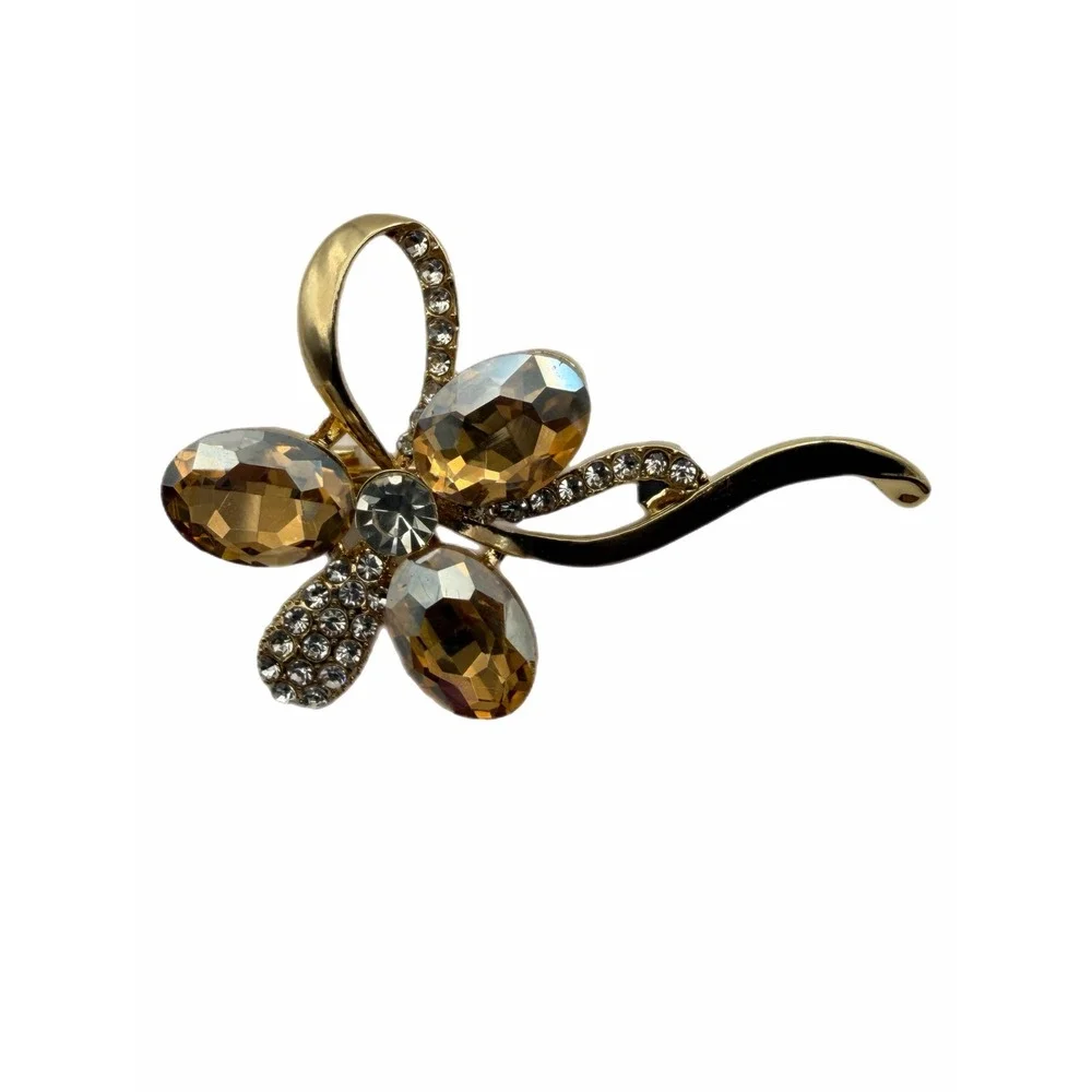 Gold Tone Amber Crystal Flower Brooch Rhinestone Floral Ribbon Pin Accessory